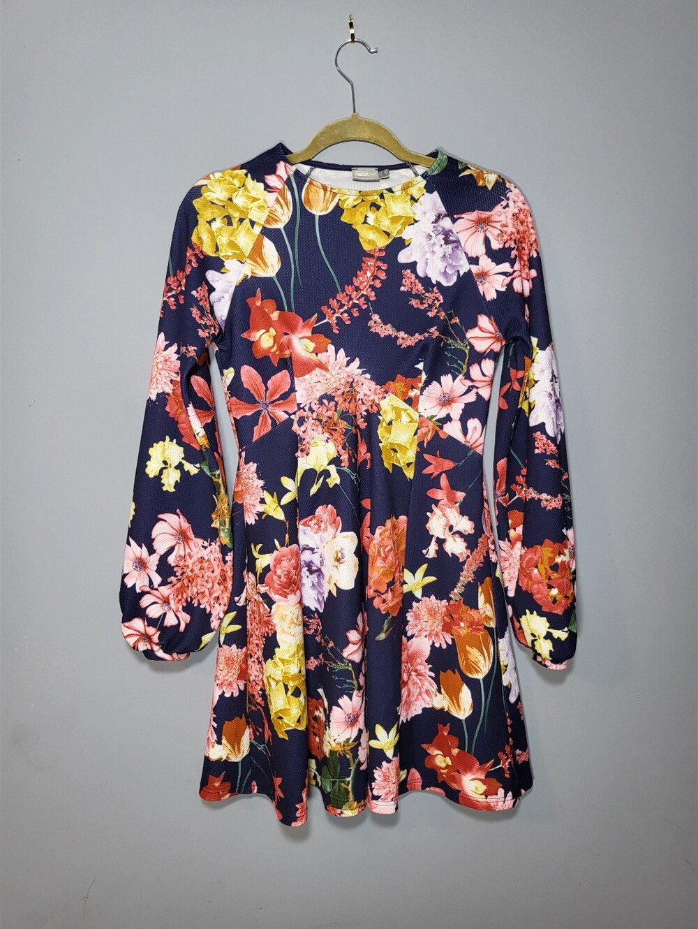 ASOS Size 6 Navy Vibrant Floral Print Long Sleeve Dress Bright Blooms Ultra Mod